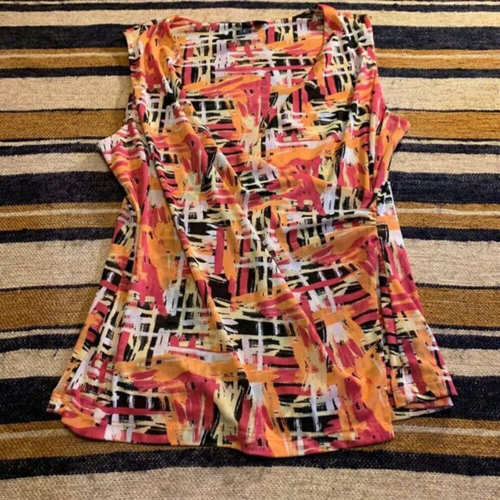 Vintage Y2K Top Faux Wrap Deep V-neck Relativity Petite Large Print Sleeveless